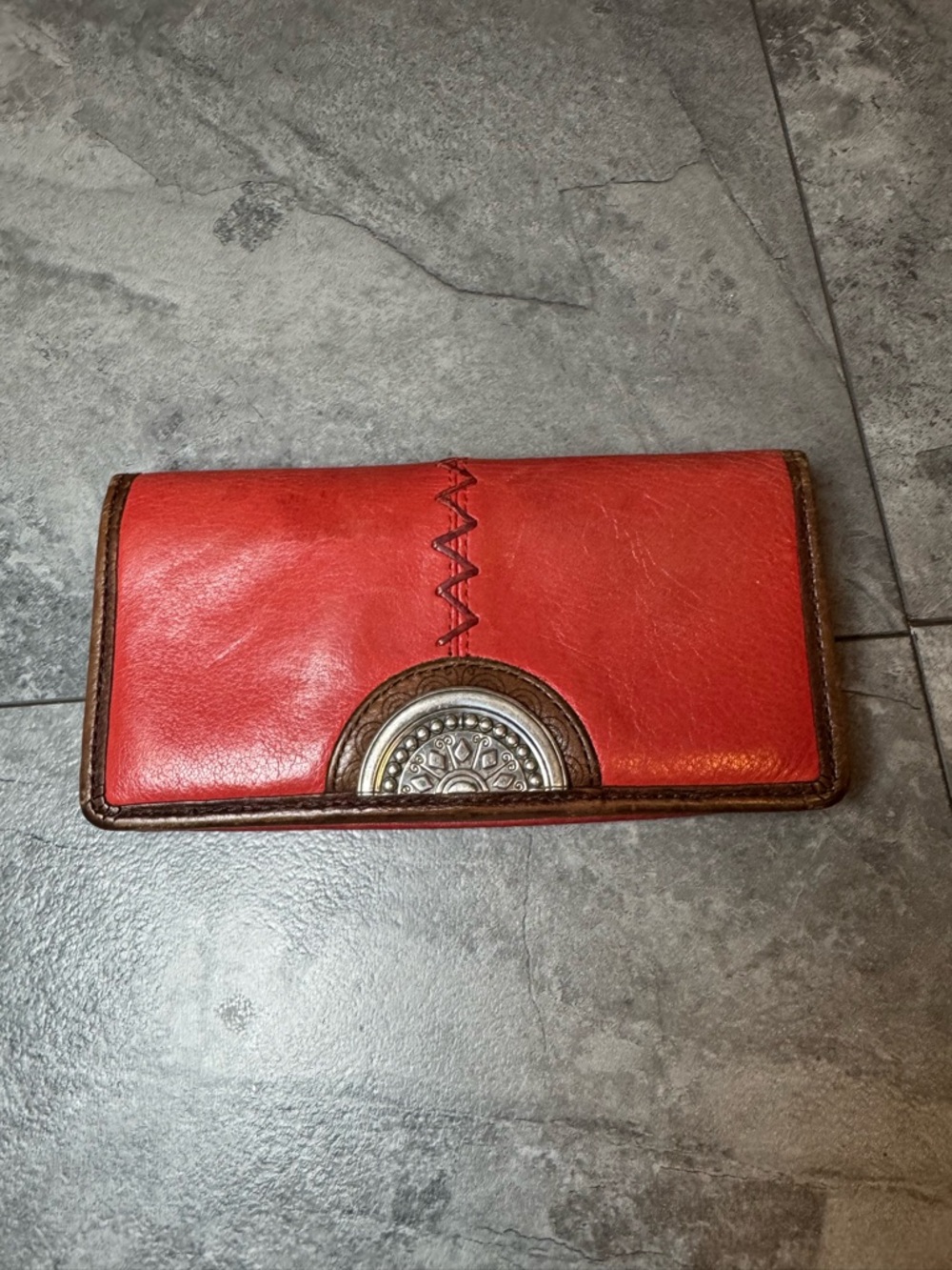 Brighton Red Leather Wallet with Brown Trim and Silver Concho